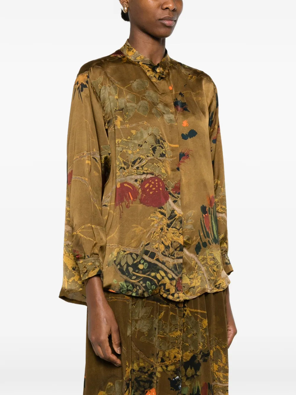 Yavi floral botanical shirt in khaki gold — side on model, 100% cupro
