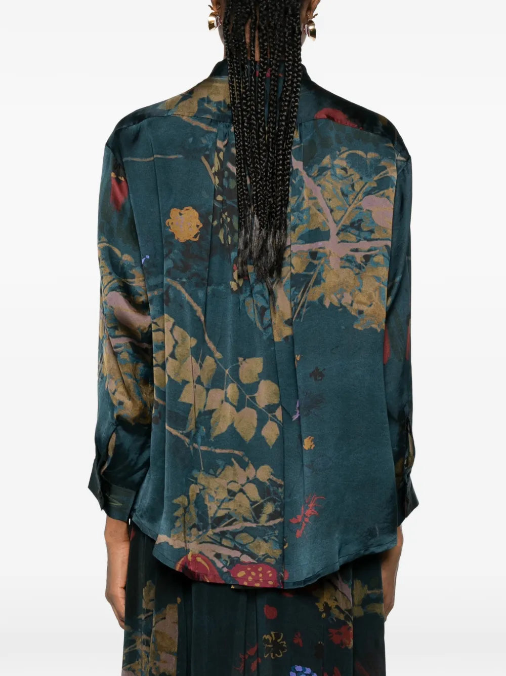 Yavi floral botanical shirt in petrol blue — back on model, 100% cupro
