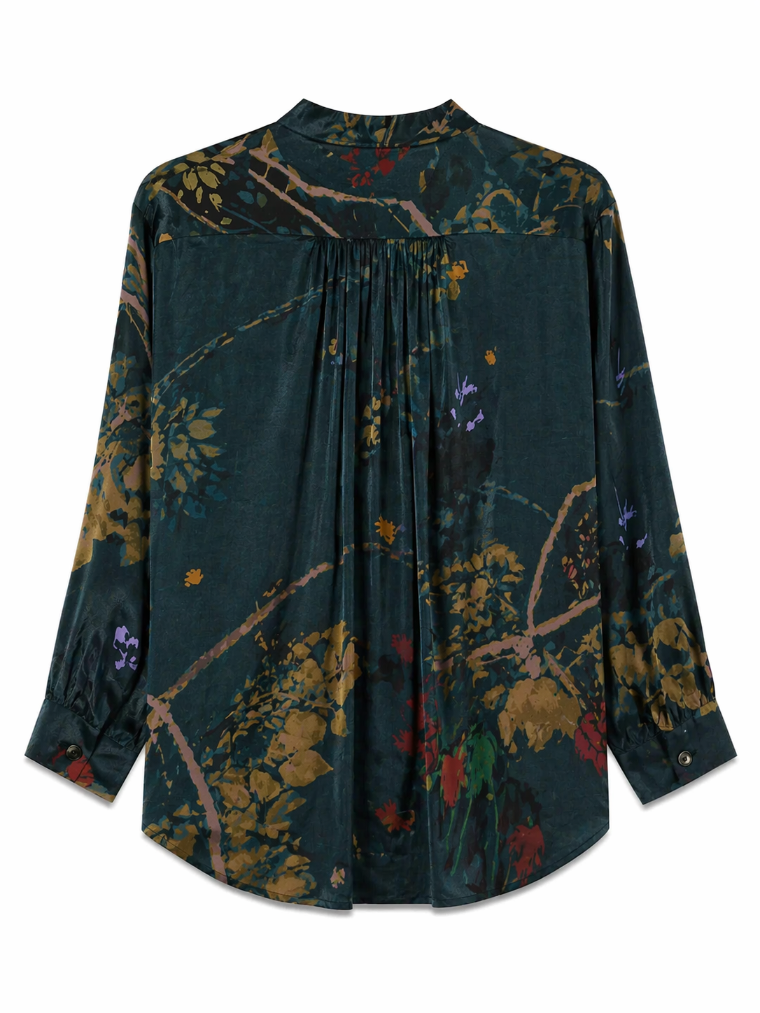 Yavi floral botanical shirt in petrol blue — back flat lay, 100% cupro
