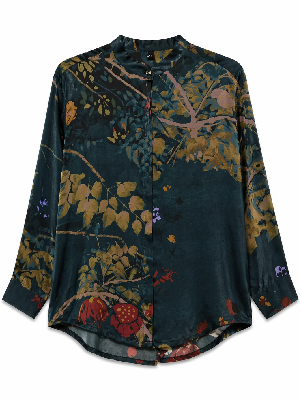 Yavi floral botanical shirt in petrol blue — front flat lay, 100% cupro
