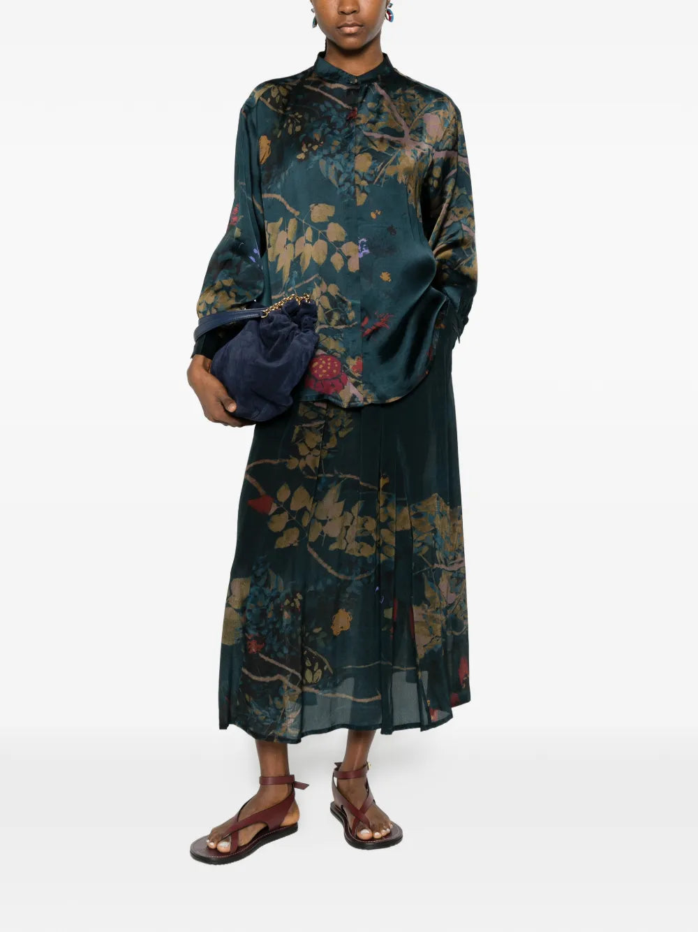 Yavi floral botanical shirt in petrol blue — full look on model, 100% cupro
