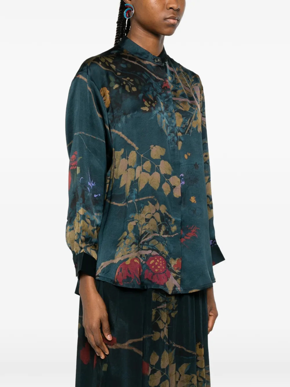 Yavi floral botanical shirt in petrol blue — side on model, 100% cupro
