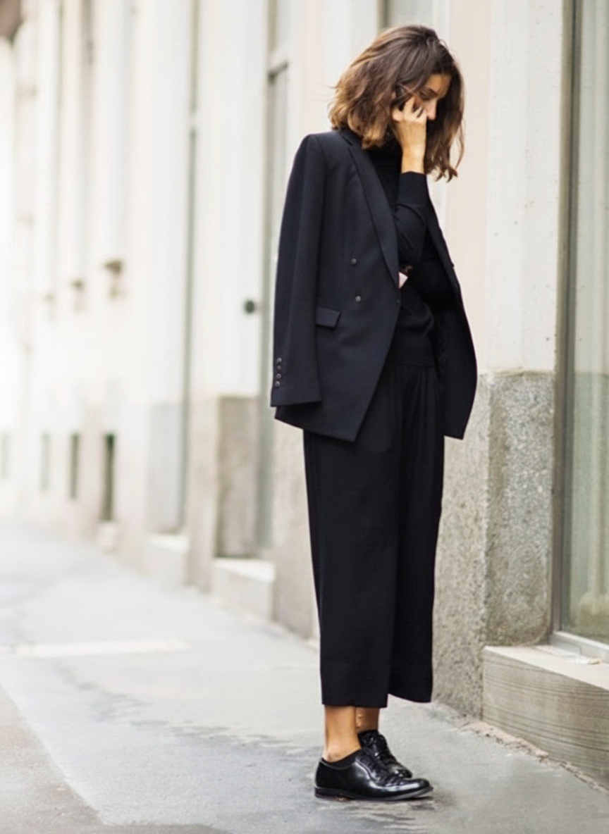 Woman wearing an elegant black minimalist outfit with handmade Italian premium leather Oxford shoes — Mujer con conjunto negro minimalista usando zapatos Oxford de piel hechos a mano en Italia calidad premium.
