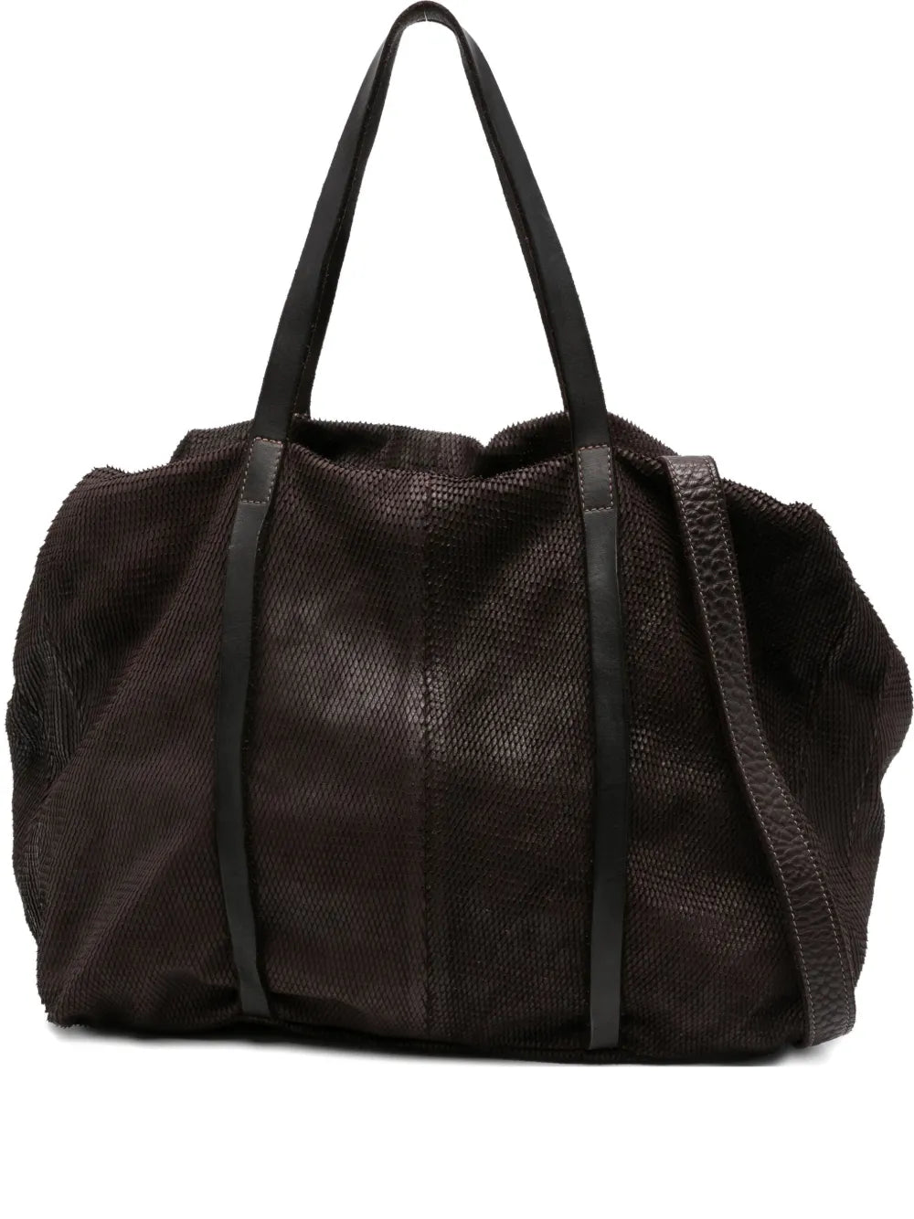 Sommet Rian L Petalino shoulder bag in dark brown vegetable-tanned leather, carried by hand