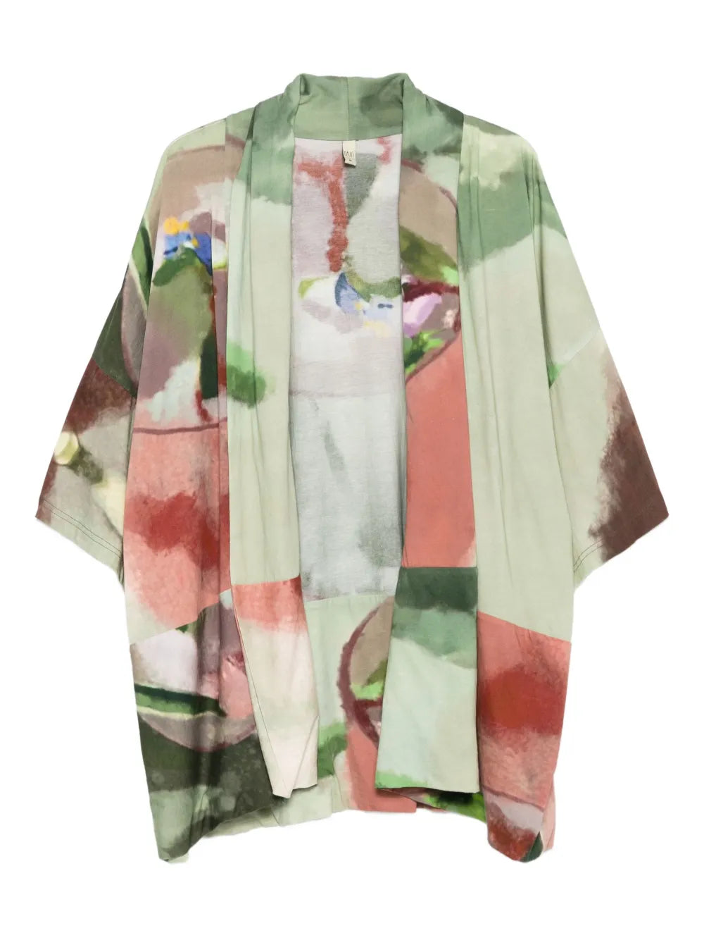 Cotton kimono with impressionist print in soft green, beige and terracotta tones