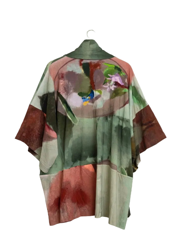 Cotton kimono with impressionist print in soft green, beige and terracotta tones