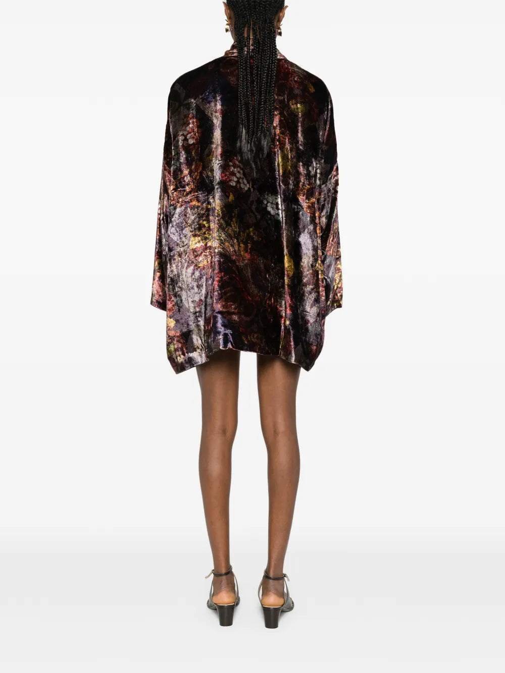 Floral print kimono in silk velvet black bordeaux and gold — YAVÏ
