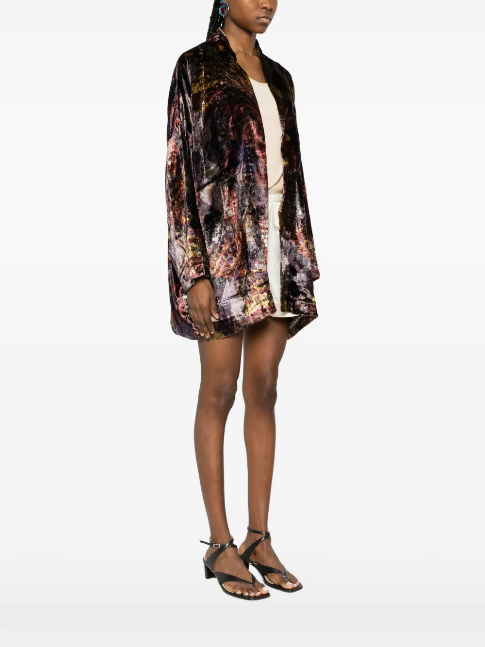 Floral print kimono in silk velvet black bordeaux and gold — YAVÏ
