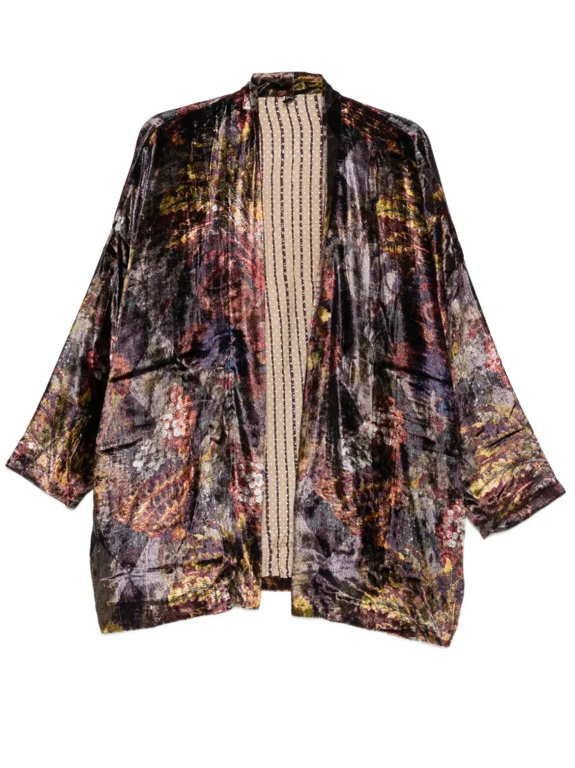 Floral print kimono in silk velvet black bordeaux and gold — YAVÏ
