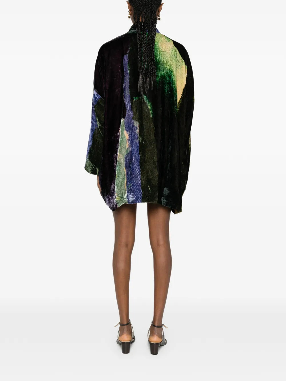 Abstract print kimono in silk velvet black green and indigo — YAVÏ
