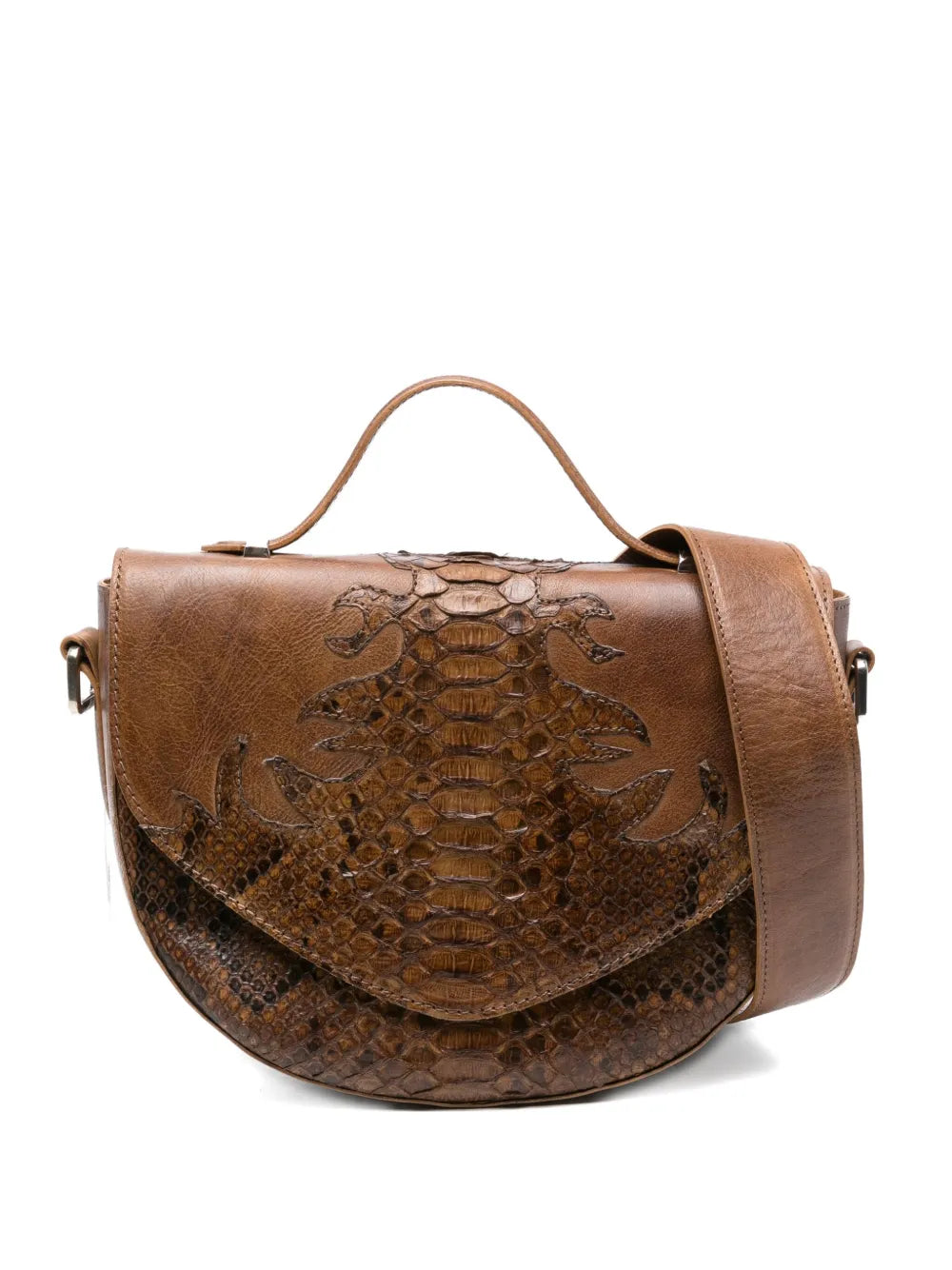La Bottega di Lisa brown embossed python leather shoulder bag handmade in Italy with adjustable strap and flap closure.