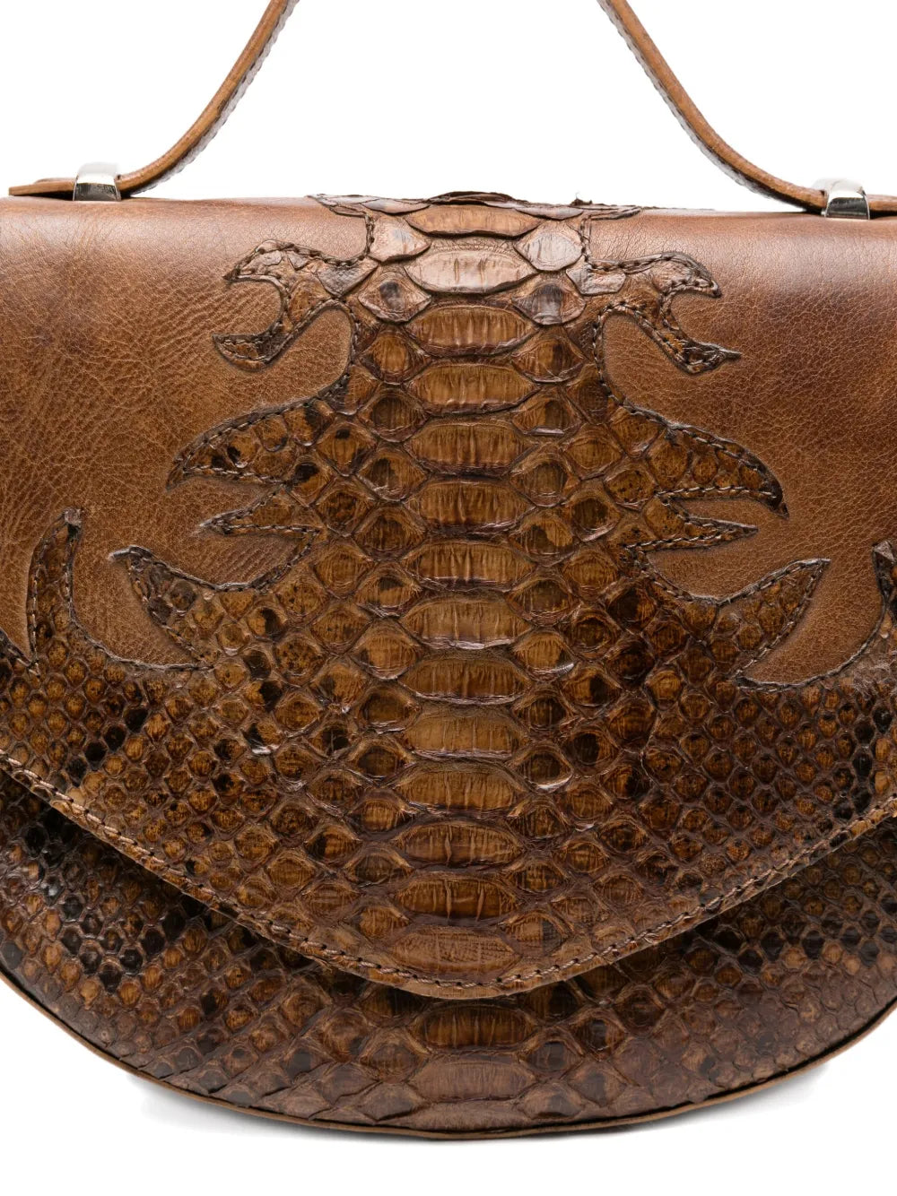 La Bottega di Lisa brown embossed python leather shoulder bag handmade in Italy with adjustable strap and flap closure.