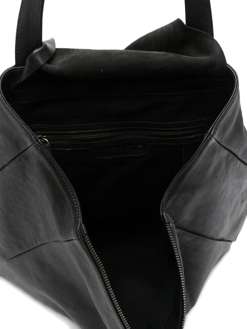 Mialuis Ferdi black tote bag, crafted from vegetable-tanned napa leather, handmade in Italy with secure double zipper and functional pockets.