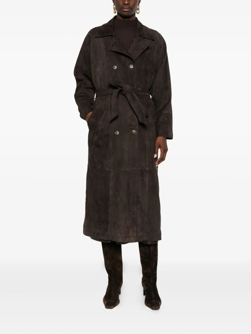 Mara Bini ANNA long trench coat in Testa di Moro kid suede,