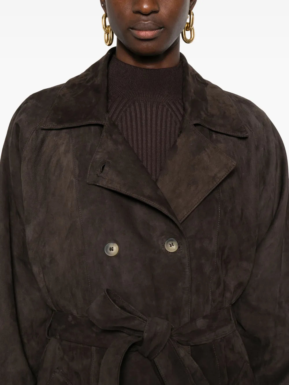 Mara Bini ANNA long trench coat in Testa di Moro kid suede,