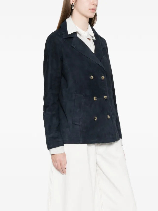 MARA BINI Navy kid suede double-breasted blazer