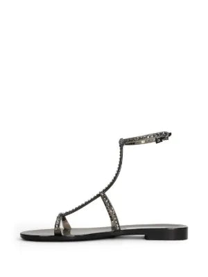 Menghi flat sandal with Swarovski crystals, black, ankle strap, gold hardware, made in Italy
