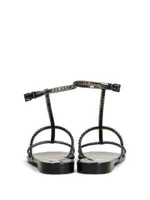 Menghi flat sandal with Swarovski crystals, black, ankle strap, gold hardware, made in Italy
