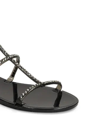 Menghi flat sandal with Swarovski crystals, black, ankle strap, gold hardware, made in Italy
