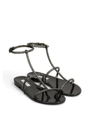 Menghi flat sandal with Swarovski crystals, black, ankle strap, gold hardware, made in Italy
