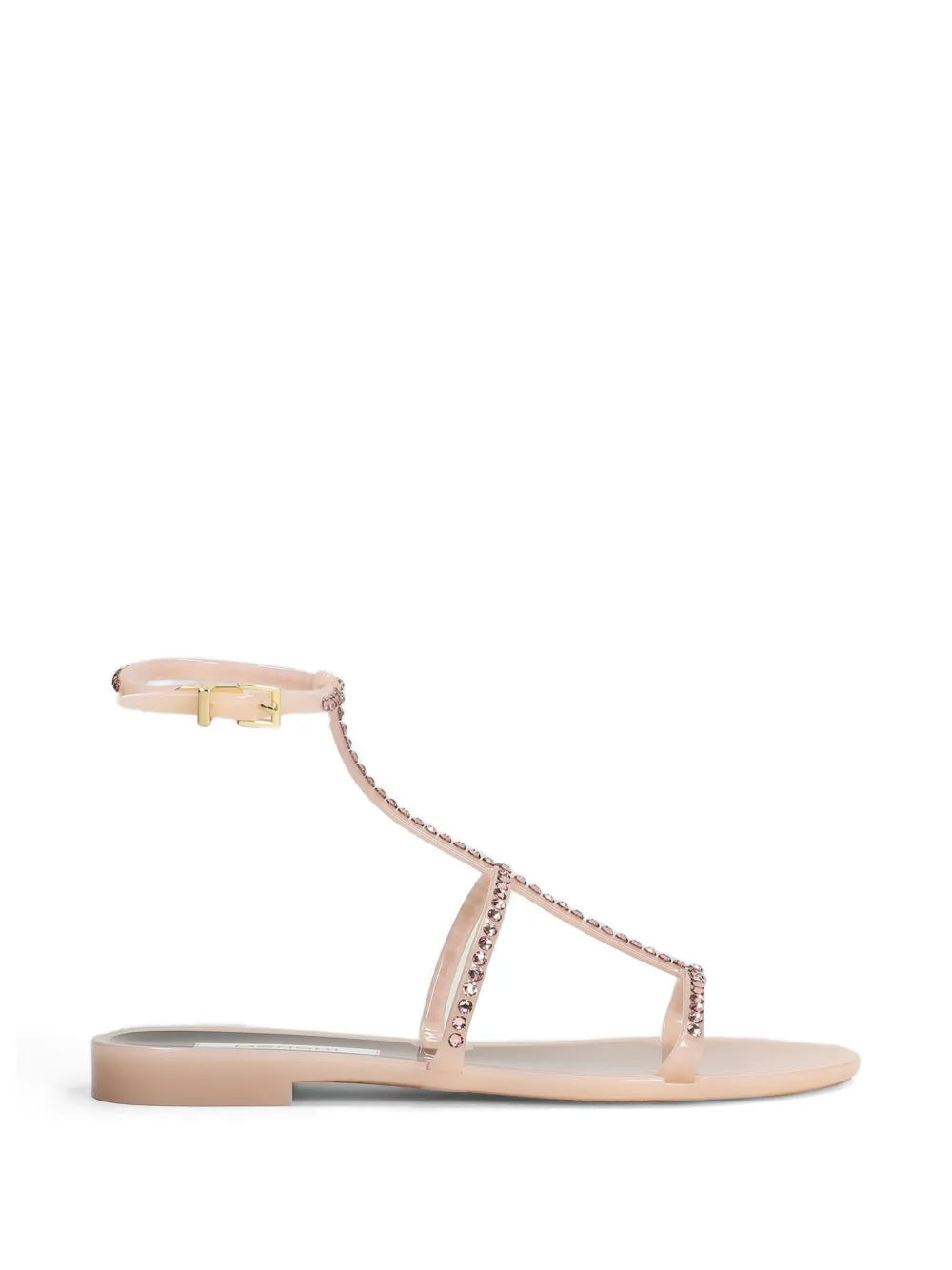 Menghi flat sandal with Swarovski crystals, powder pink, ankle strap, gold hardware, made in Italy
