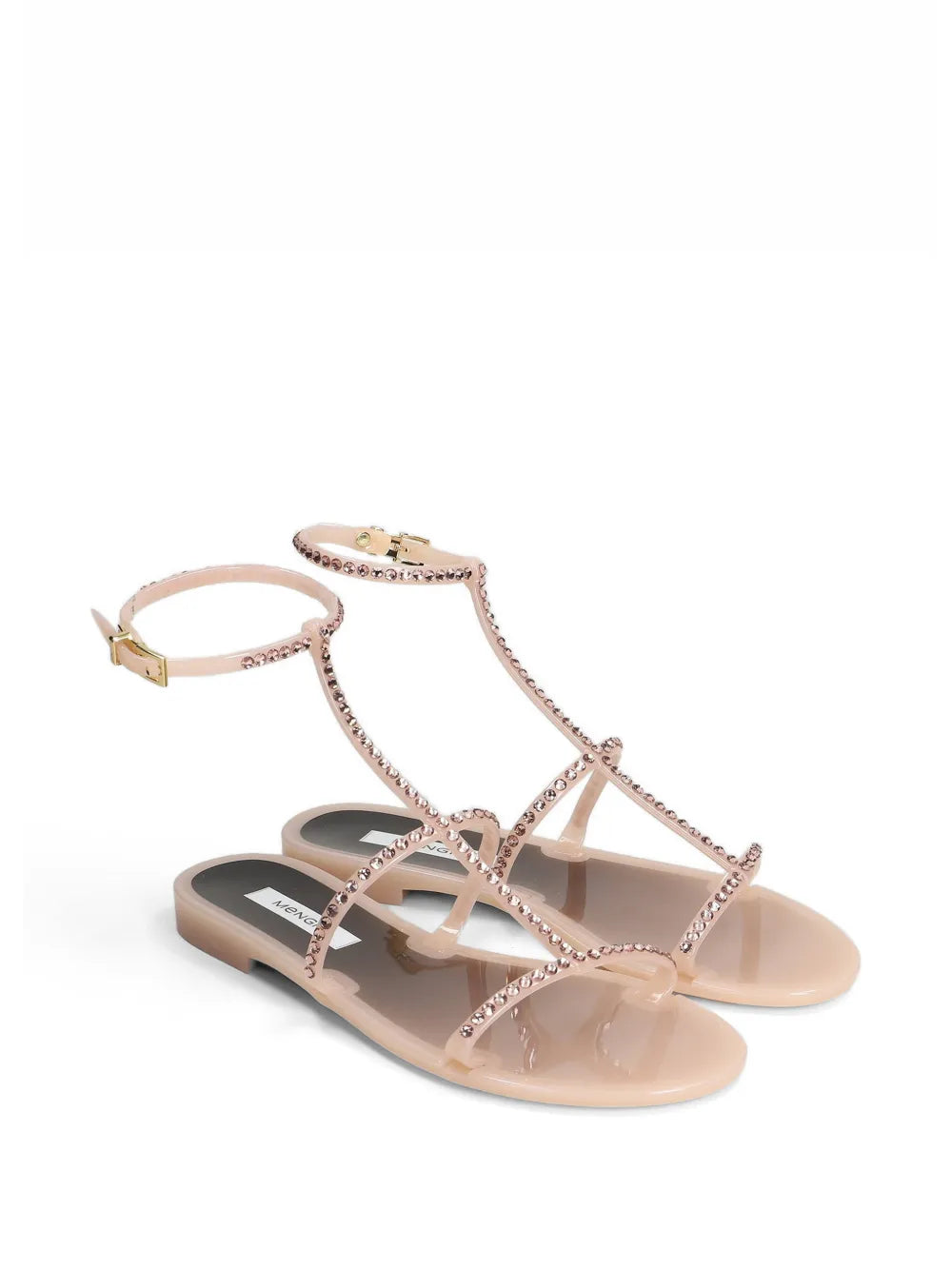 Menghi flat sandal with Swarovski crystals, powder pink, ankle strap, gold hardware, made in Italy
