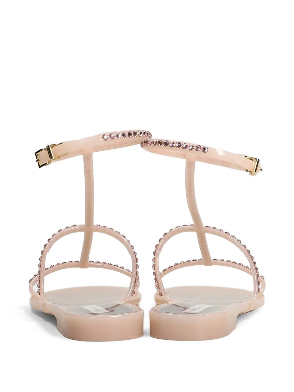 Menghi flat sandal with Swarovski crystals, powder pink, ankle strap, gold hardware, made in Italy
