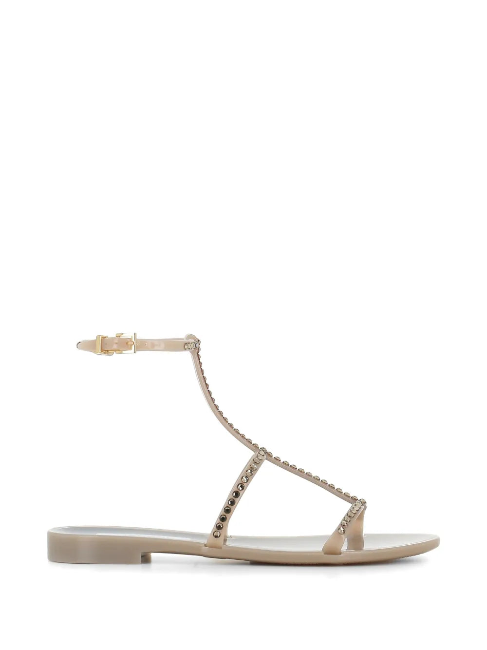 Menghi flat sandal with Swarovski crystals, taupe, ankle strap, gold hardware, made in Italy
