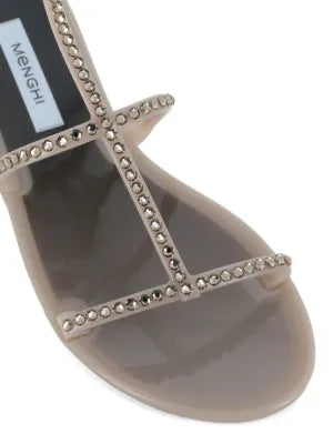 Menghi flat sandal with Swarovski crystals, taupe, ankle strap, gold hardware, made in Italy
