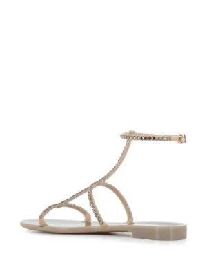 Menghi flat sandal with Swarovski crystals, taupe, ankle strap, gold hardware, made in Italy
