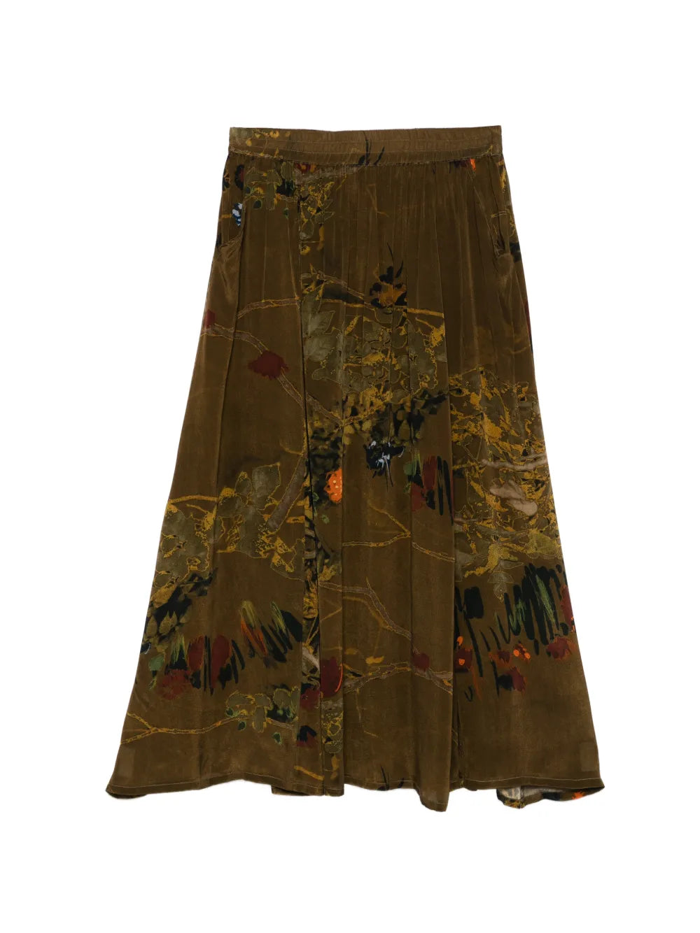 Midi skirt botanical pictorial print khaki and olive green — YAVÏ
