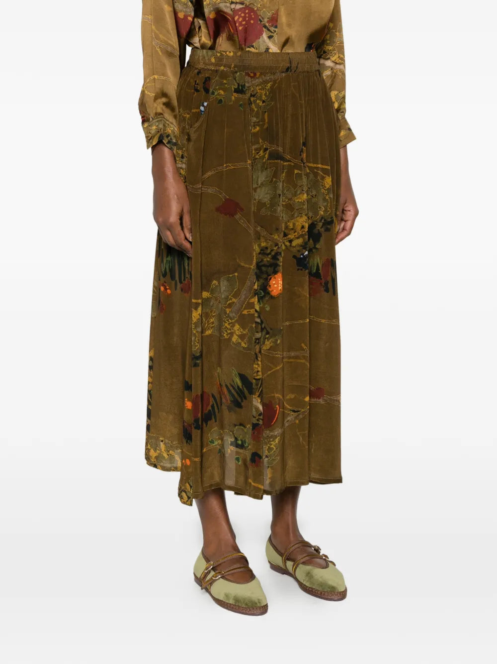 Midi skirt botanical pictorial print khaki and olive green — YAVÏ
