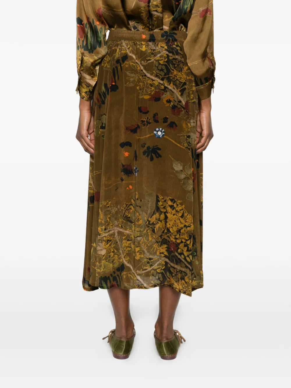 Midi skirt botanical pictorial print khaki and olive green — YAVÏ
