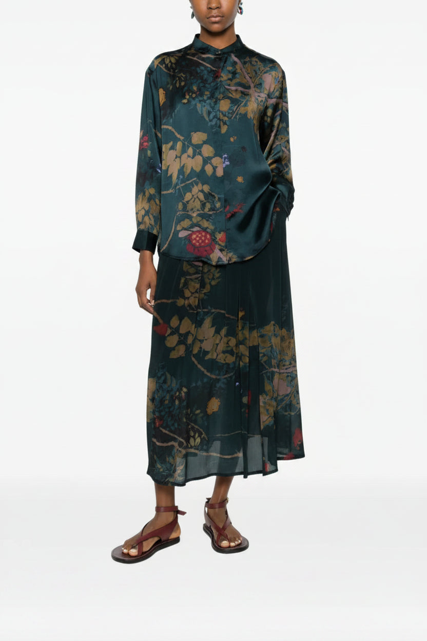Midi skirt botanical pictorial print teal green and red — YAVÏ
