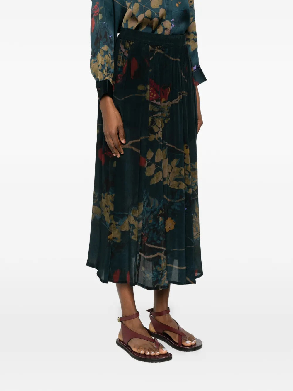 Midi skirt botanical pictorial print teal green and red — YAVÏ
