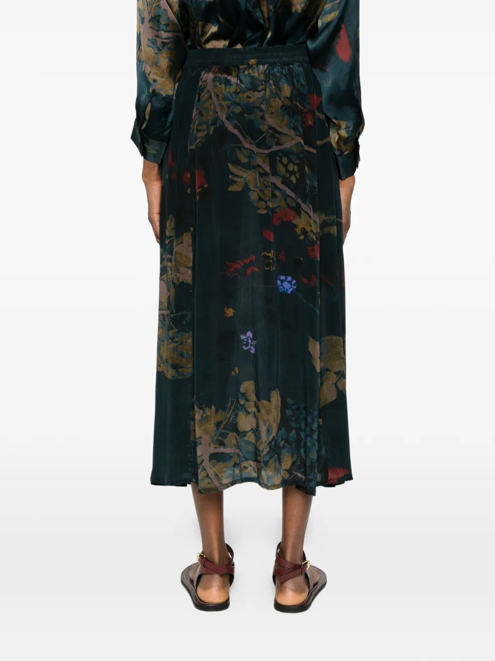 Midi skirt botanical pictorial print teal green and red — YAVÏ
