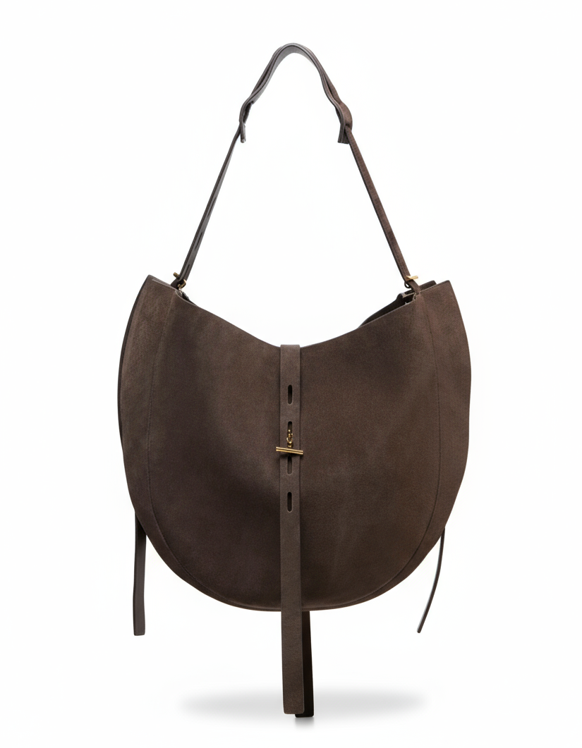 Minobossi Liz hobo bag in testa di moro brown calf suede – handmade in Italy, adjustable strap, interior zip pocket.