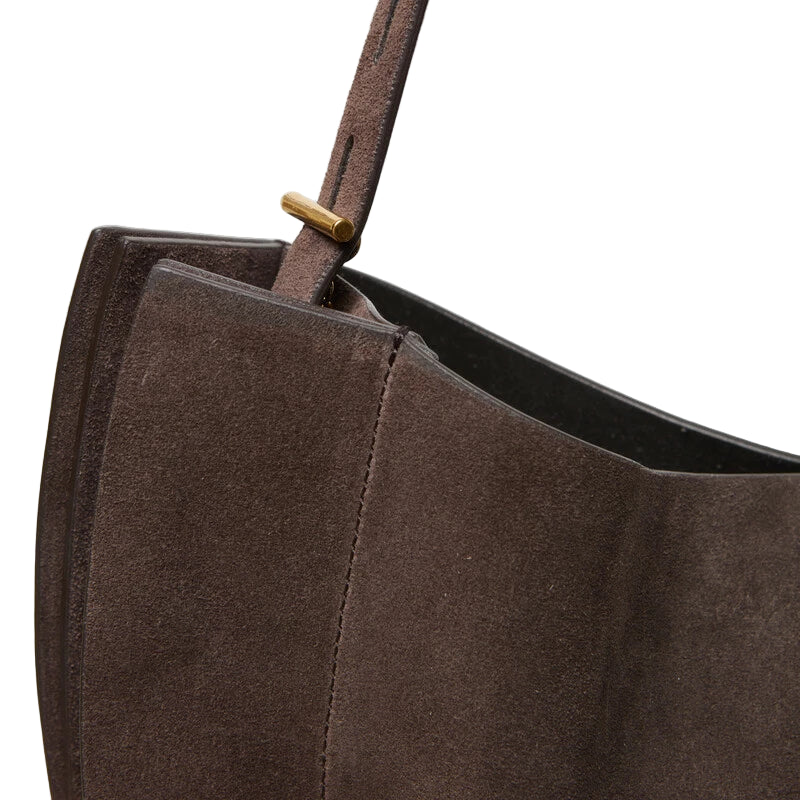 Minobossi Liz hobo bag in testa di moro brown calf suede – handmade in Italy, adjustable strap, interior zip pocket.