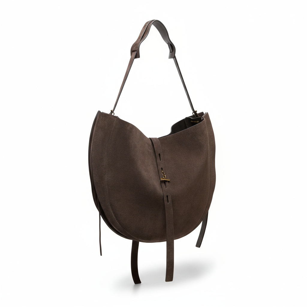 Minobossi Liz hobo bag in testa di moro brown calf suede – handmade in Italy, adjustable strap, interior zip pocket.
