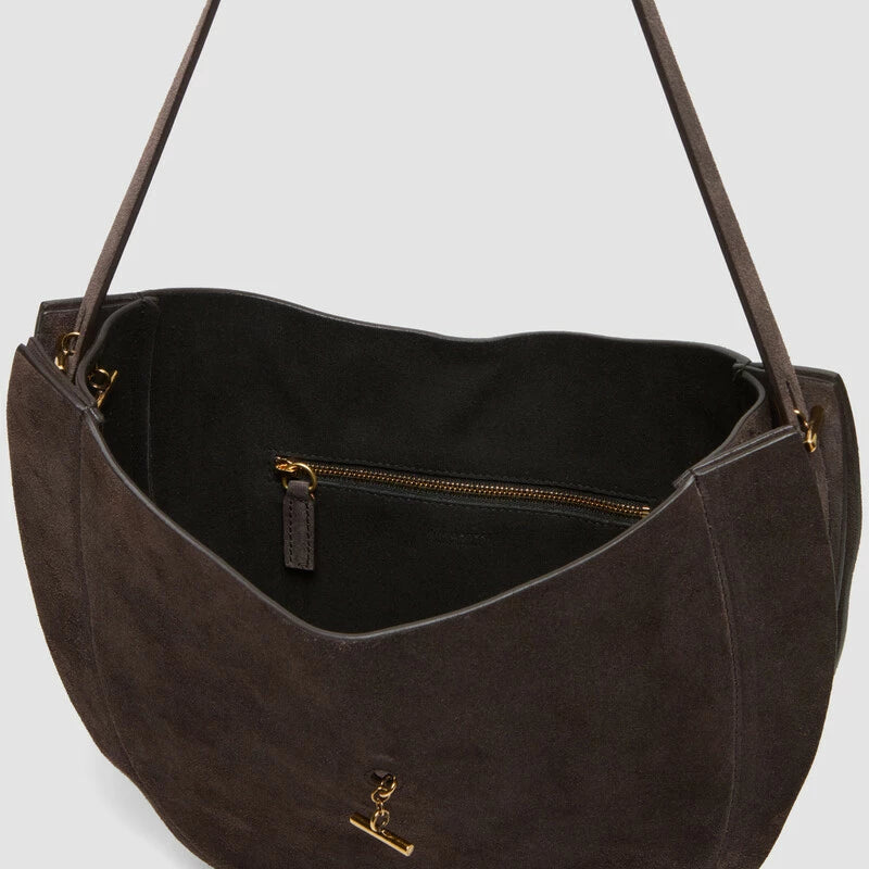Minobossi Lizzie Small hobo bag in testa di moro brown calf suede – handmade in Italy with adjustable strap and interior zip pocket.