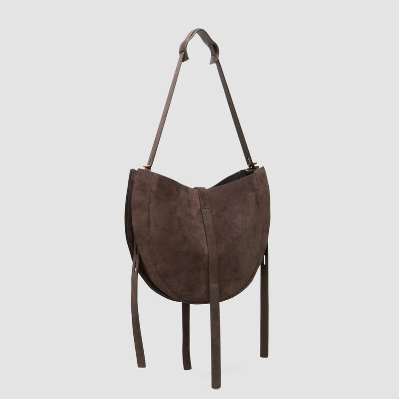 Minobossi Lizzie Small hobo bag in testa di moro brown calf suede – handmade in Italy with adjustable strap and interior zip pocket.