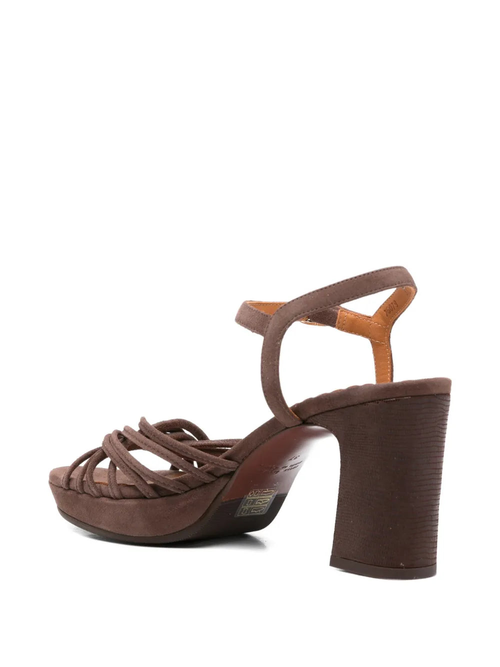 Leather-covered block heel on taupe suede platform sandal