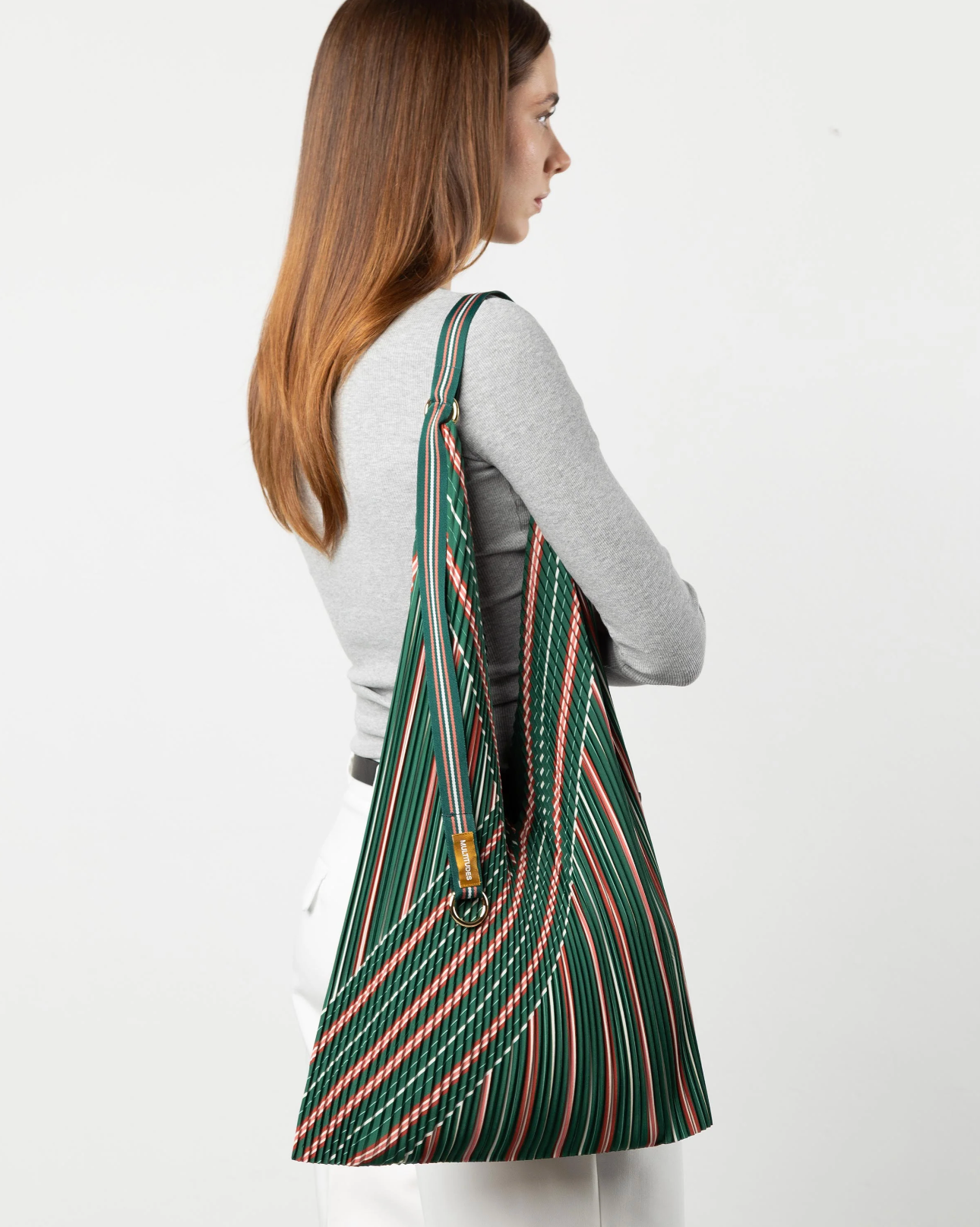 Multitudes pleated hobo bag Stella Green with striped design