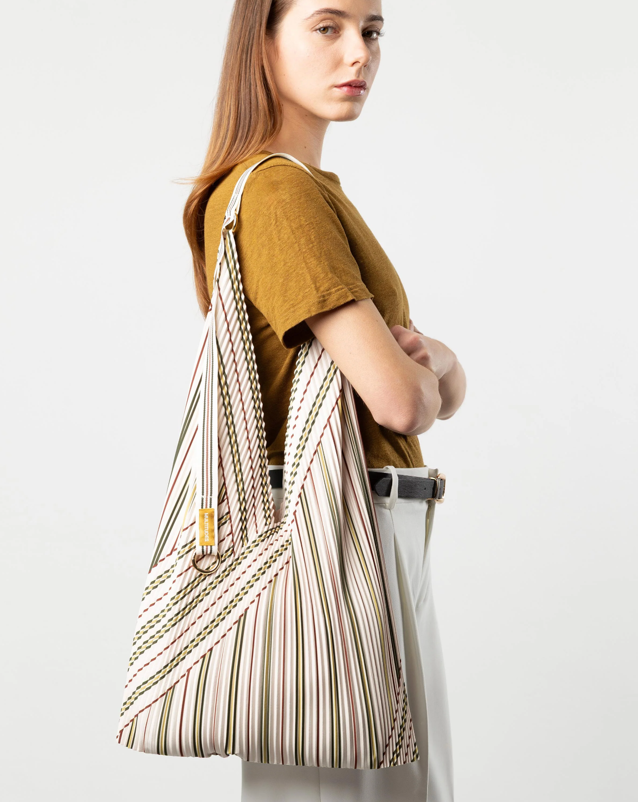 Multitudes Zoe pleated hobo bag in neutral multicolor stripes