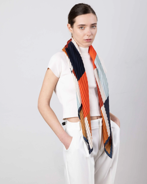 Multitudes pleated scarf Atena baby blue moka geometric block print 