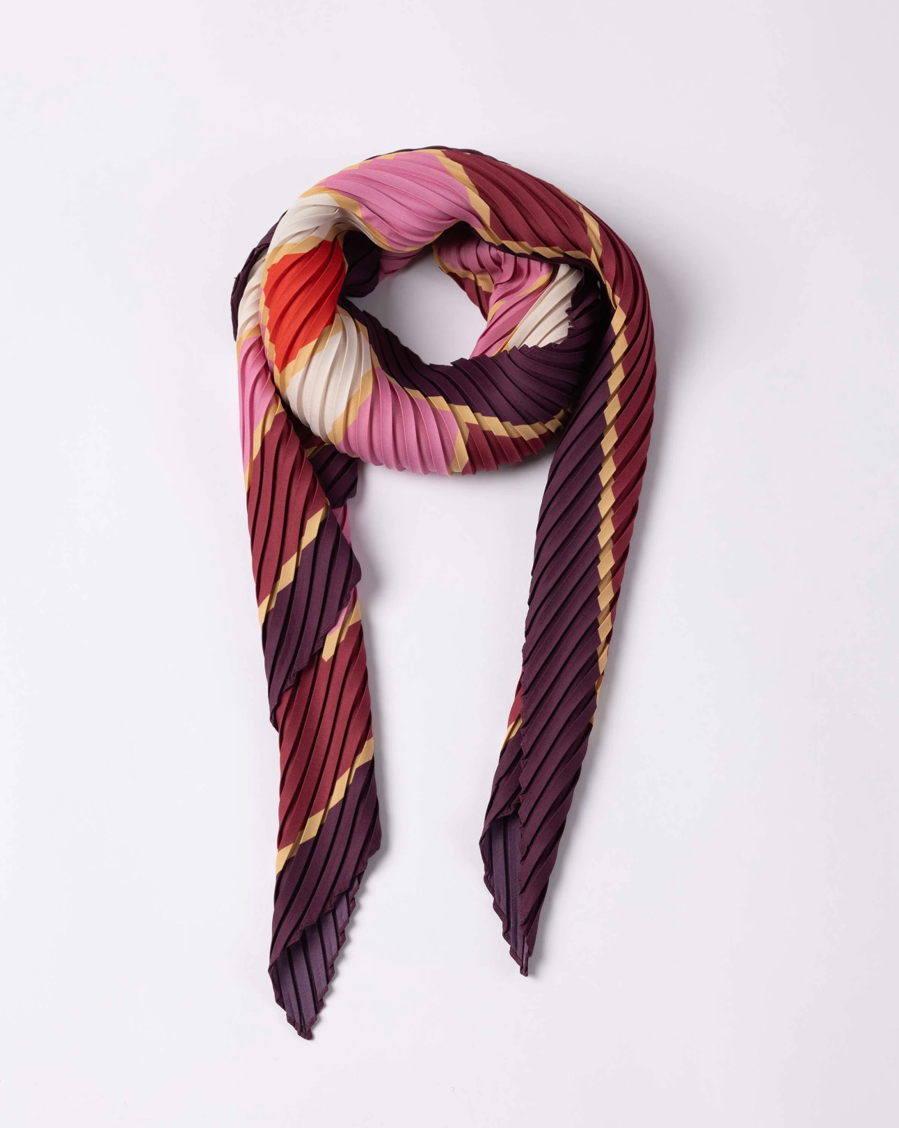 Multitudes pleated scarf Era pink crimson rose gold art deco geometric print 