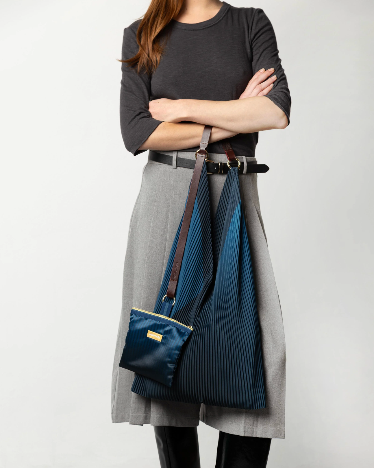 Multitudes Charlize blue pleated shoulder bag in recycled satin