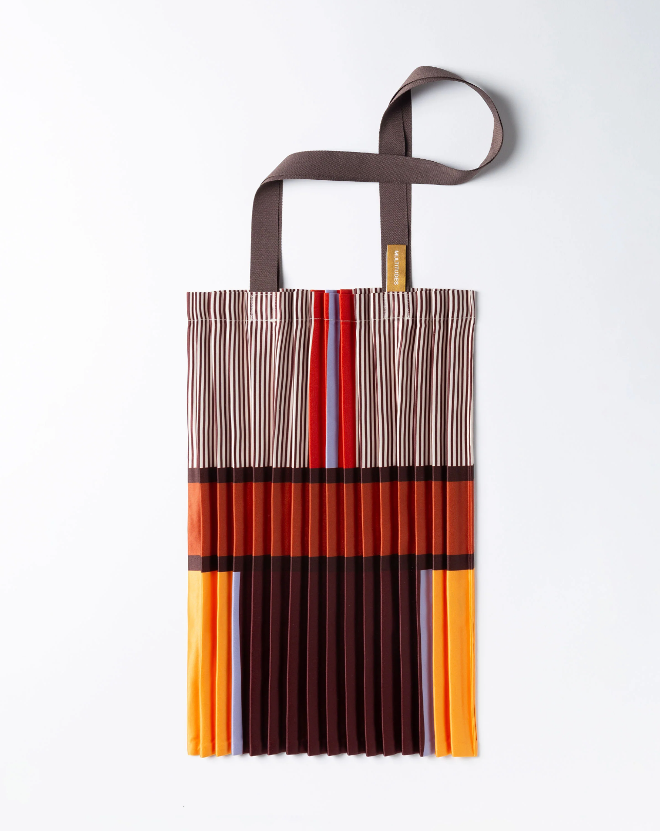 Multitudes Bagheria satin tote bag with pleated striped design in warm tones