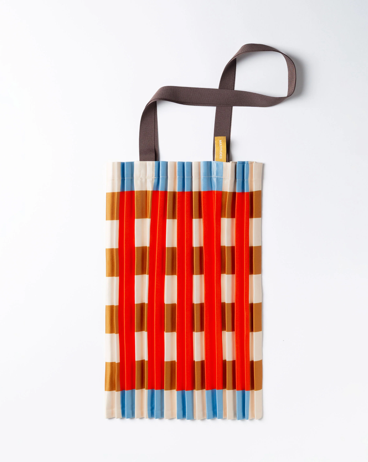 Multitudes Marsala pleated tote bag in multicolor satin with red, blue and earth tones