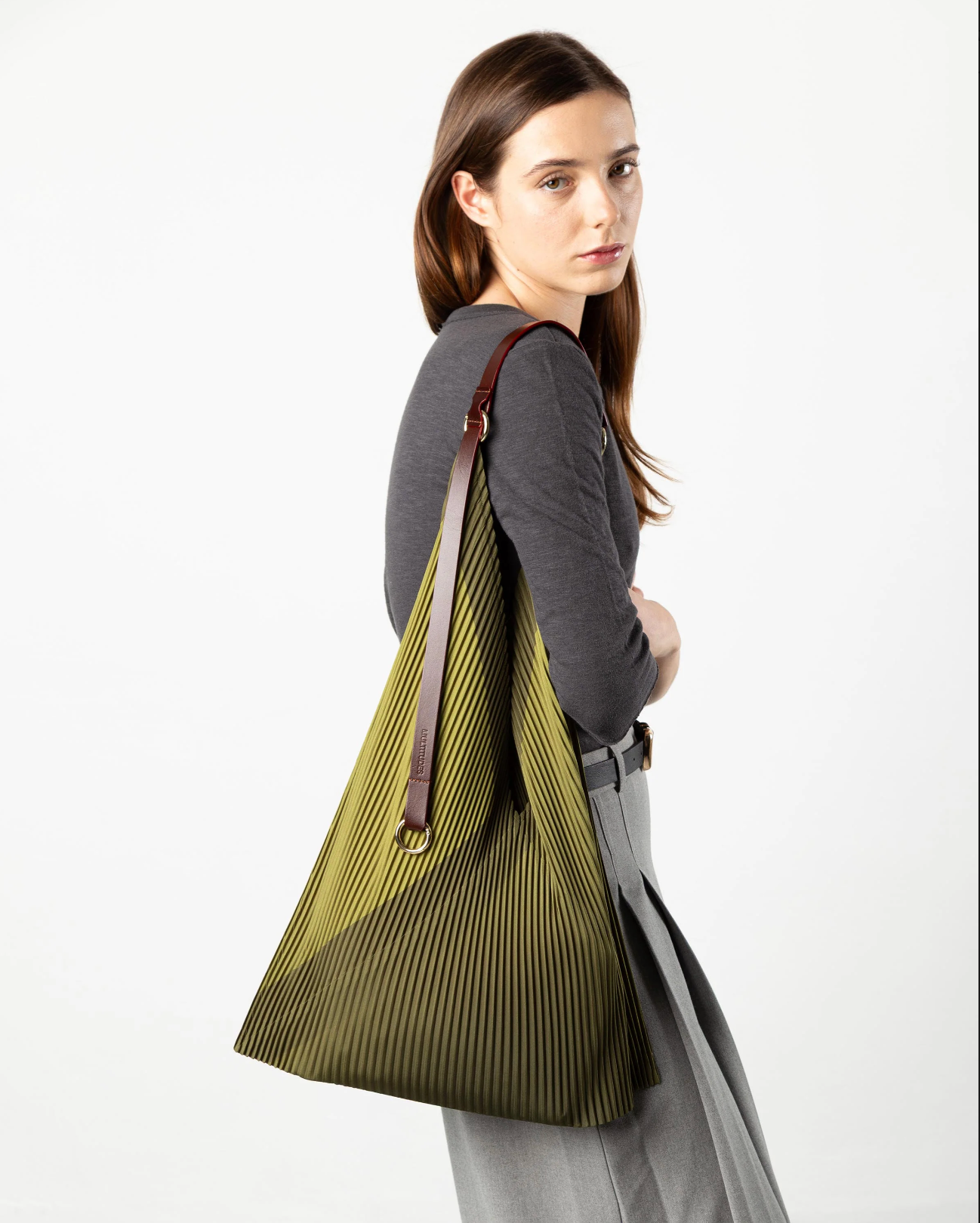 Multitudes Audrey olive pleated satin bag with leather handle